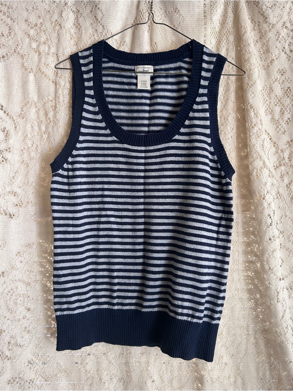 L.L. Bean Cotton Cashmere Striped Knit Pullover Vest in Navy and Light Gray